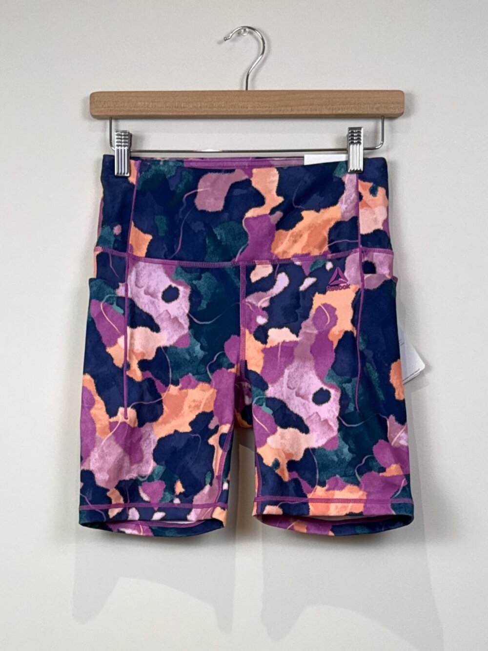 Reebok Womens S Fitted High Rise Bike Shorts Pink Purple Camo Athletic